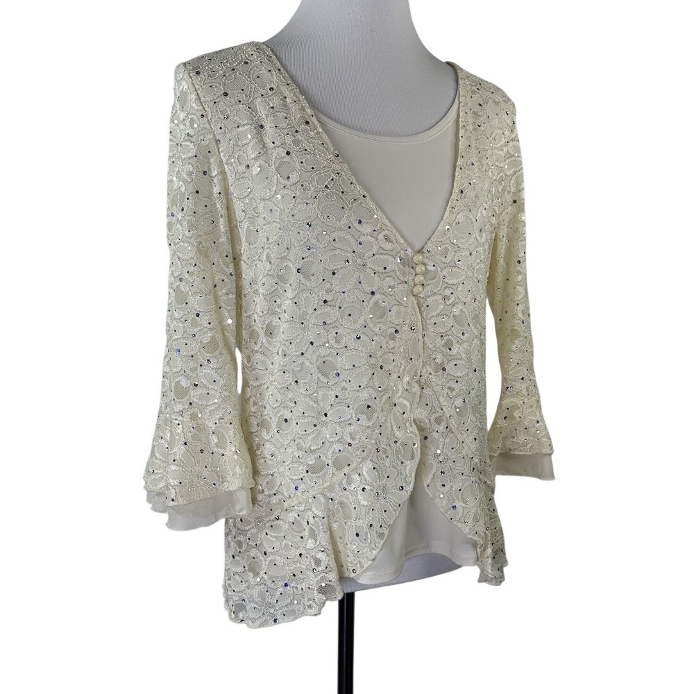 New Directions Ivory‎ Sequin Lace Bell Sleeve Layered Top Womens Petite XL